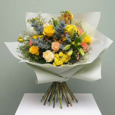 Golden Glow - Cheerful yellow roses, lilies and chrysanthemums mixed with eucalyptus and soft seasonal textures.
