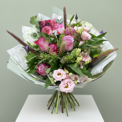 Vintage Romance - A romantic mix of pink roses, lisianthus and wild textures with a modern rustic finish.