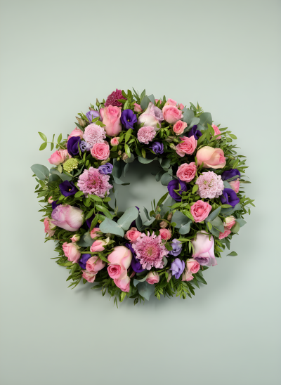 Purple & Pink Wreath - A beautiful handcrafted funeral wreath featuring soft pink roses, spray roses, lilac chrysanthemums, purple lisianthus, eucalyptus, and fresh seasonal foliage. Designed in a traditional circular shape to symbolise eternal remembrance, this elegant tribute offers a heartfelt expression of love, sympathy, and respect for funerals and memorial services. Flower varieties may vary slightly depending on seasonal availability.