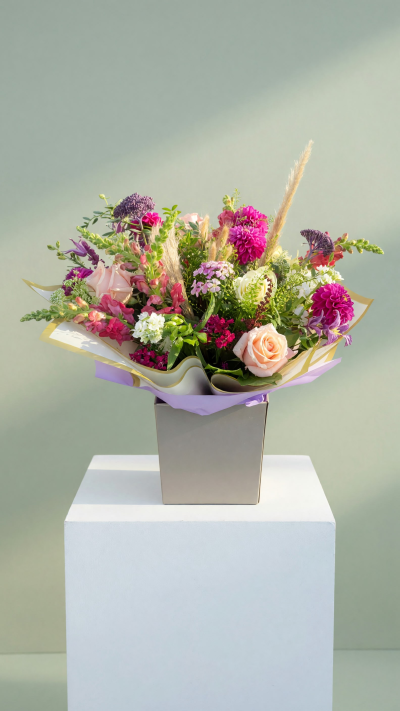Lilac Reverie - Lilac Reverie – Luxury Seasonal Flower Arrangement

Soft, romantic and beautifully full of character, Lilac Reverie is a stunning arrangement of delicate peach roses, vibrant fuchsia blooms, dreamy lilac tones and fresh seasonal flowers, complemented by natural textures and lush greenery.

Expertly hand-arranged and presented in a contemporary gift box with elegant lilac and gold-accented wrapping, this bouquet brings together a beautiful balance of colour, texture and understated luxury.

Perfect for birthdays, anniversaries, thank-you gifts or simply letting someone know you're thinking of them, Lilac Reverie is designed to make a lasting impression.