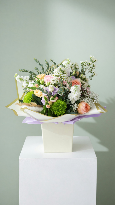 Pastel Serenity - oft, elegant and effortlessly beautiful, Pastel Serenity is a dreamy arrangement of delicate peach and blush roses, creamy pastel blooms, lilac accents and fresh seasonal flowers, complemented by lush greenery and striking lime-green chrysanthemums.

Beautifully presented in a premium gift box with luxurious white, lilac and gold-accented wrapping, this arrangement combines soft romantic colours with natural textures for a truly sophisticated finish.

Perfect for birthdays, anniversaries, thank-you gifts or simply brightening someone's day, Pastel Serenity is a thoughtful gift for those who appreciate timeless elegance and beautiful flowers.