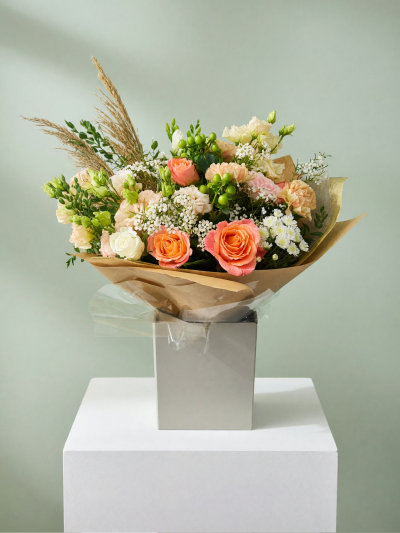 Honey Blossom - Warm, delicate and full of natural charm, Honey Blossom is a beautiful arrangement of peach and coral roses, creamy ivory blooms and soft blush flowers, complemented by fresh greenery and delicate seasonal textures.

Wrapped in rustic kraft paper with elegant finishing touches, this bouquet blends soft, honeyed tones with a fresh, contemporary style, creating a thoughtful gift that feels both luxurious and effortlessly beautiful.